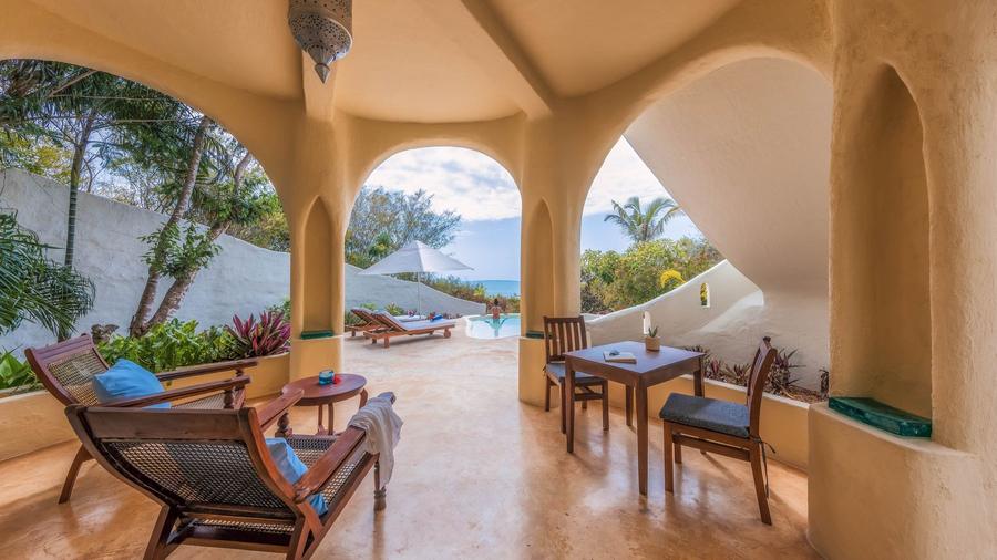 Morning coffee under the arches, Zanzibar, north-west coast