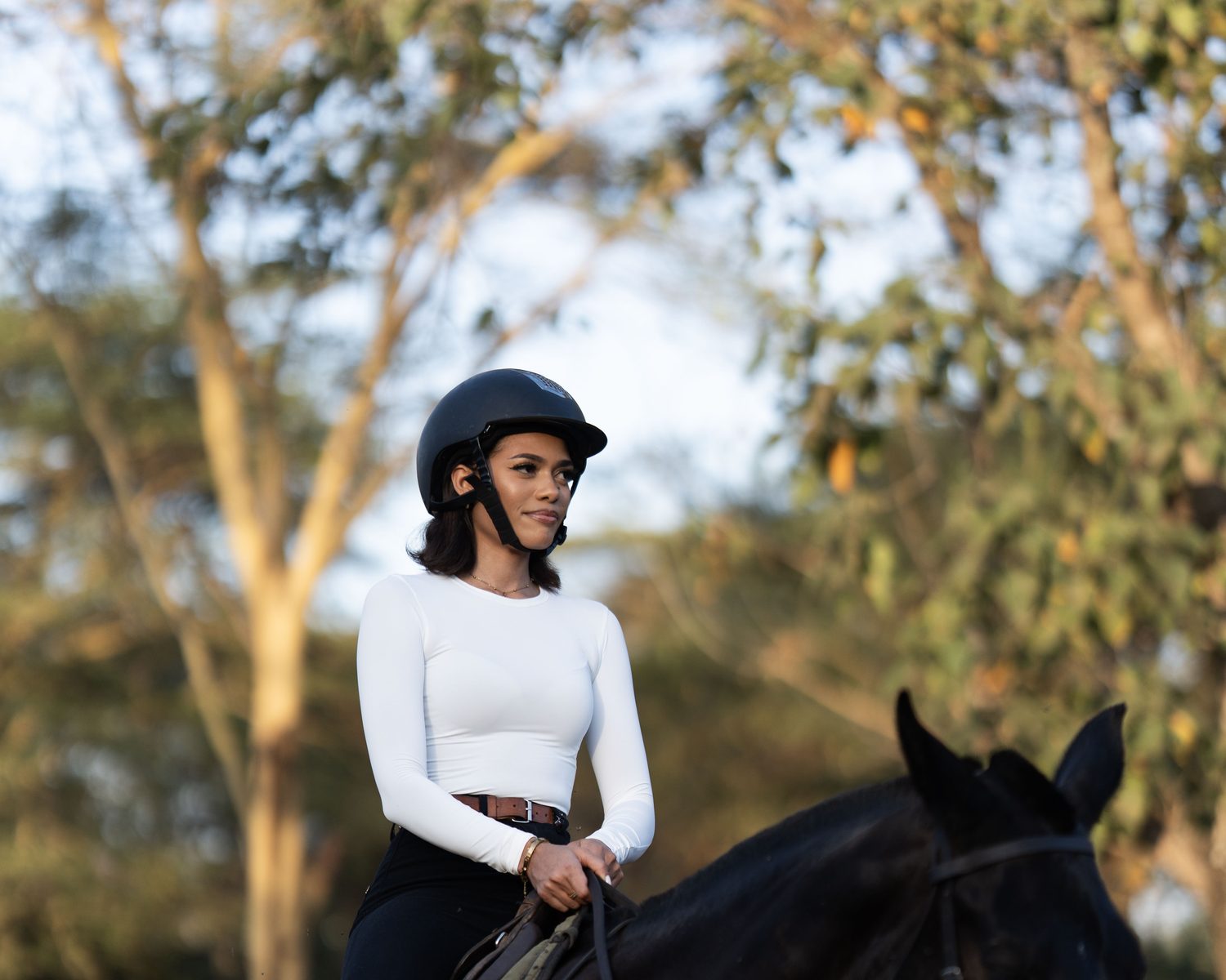 A rider on a dark horse among acacia trees near Arusha